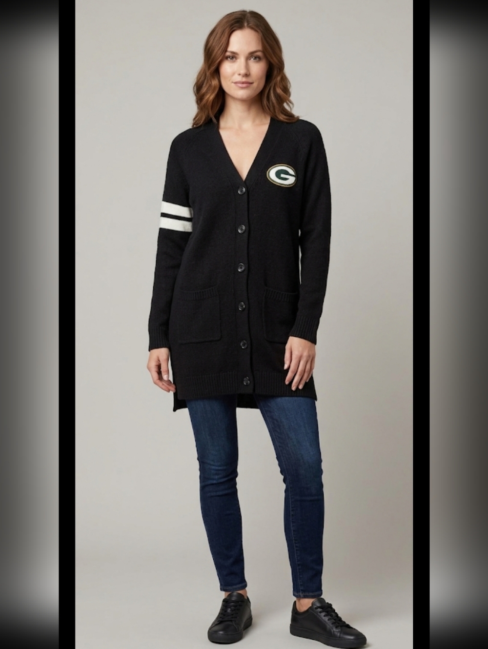 NFL Green Bay Packers Football Black Grandpa Cardigan Sweater Women's Size S/M